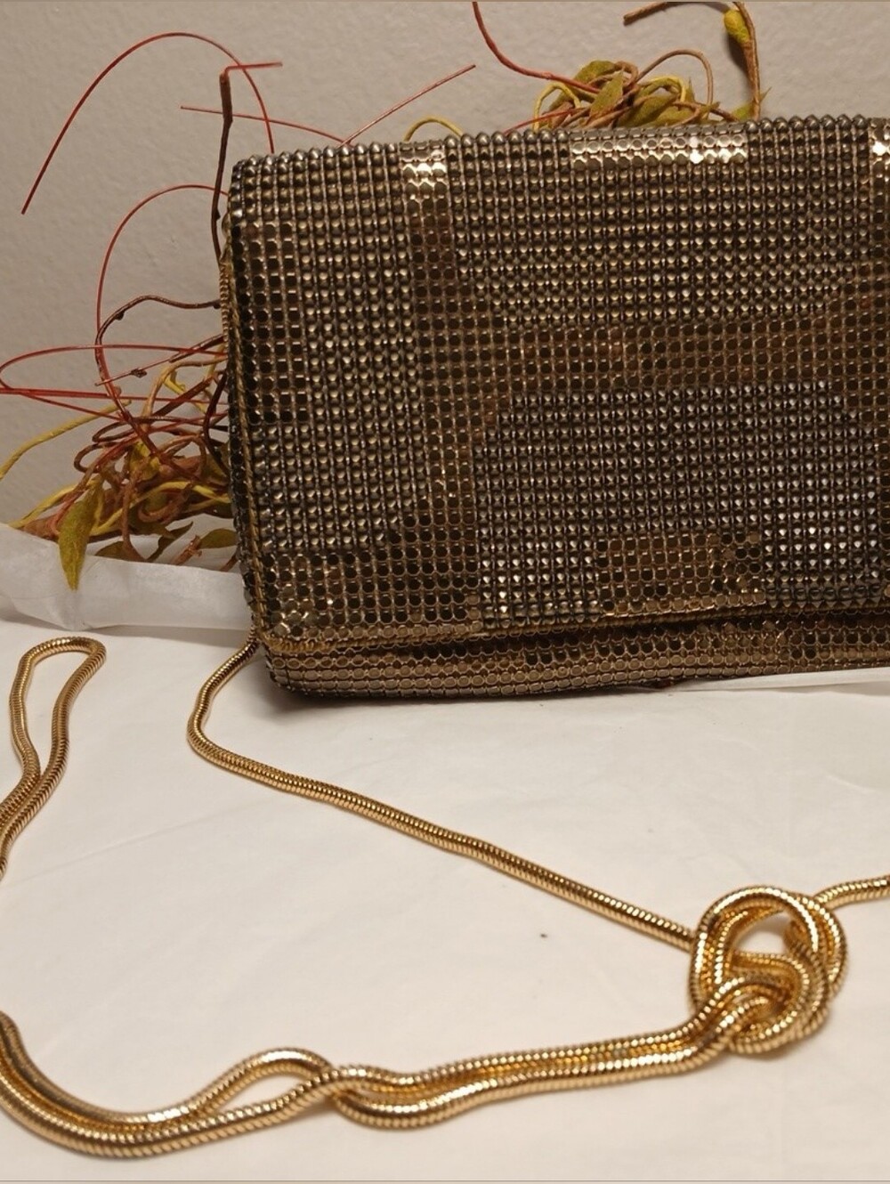 Whiting & Davis Gold Mesh Evening Clutch with 25" Crossbody Chain Strap